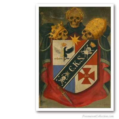 Knight Kadosh Symbolic Coat of Arms (2). Circa 1930. Rare Portrayal of Scottish Rite 30thDegree Crest. Scottish Rite.